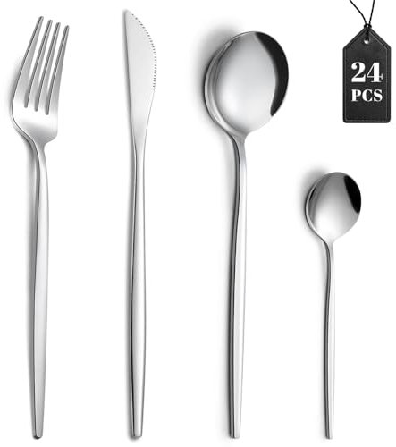 Couverts de table pour 6 personnes, Gymdin 24 pièces couverts inox avec couteau, fourchette, cuillère, passe au lave-vaisselle, poli miroir, Argent/Silver