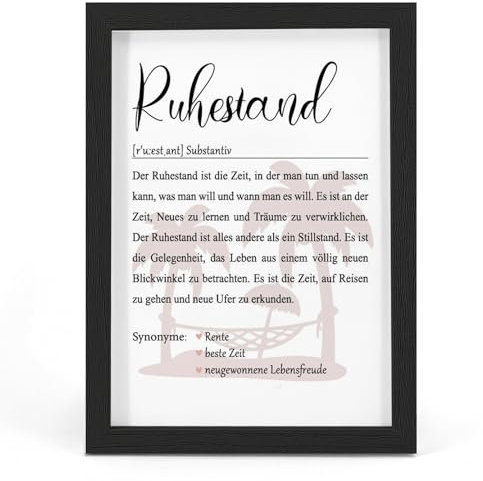 HSDSH DIN A4 Poster Kunstdruck Definition Ruhestand inkl. Rahmen, Geschenk zum Ruhestand Mann Kollege Bild zur Rente Abschied Kollege Berufsleben für Wohnzimmer Schlafzimmer Esszimmer Flur