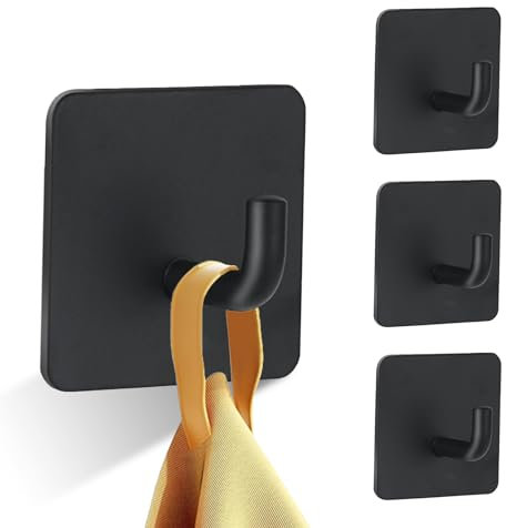 UNILECON Klebehaken Extra Stark für Badezimmer - 4 Stück 304 Edelstahl Selbstaht Klebe-Haken, ohne Bohren, für Küchen, Badezimmer und Toilettenkabinette（Schwarz）