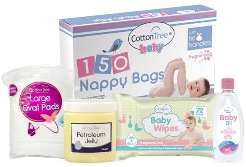 Cotton Tree Baby Care Starter Set, 150 Nappy Bags, Baby Wipes, Baby Oil, Petroleum Jelly & Large Oval Pads