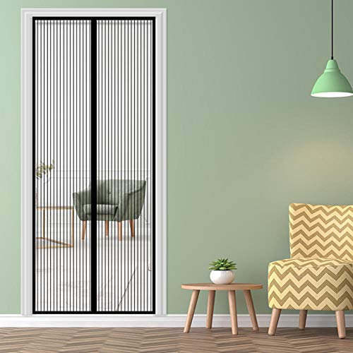 Fliegengittertür magnetisch, 235 x 265 cm, Vollrahmen, magisches Klebeband, von oben nach unten, für Veranda und Balkon, Schwarz