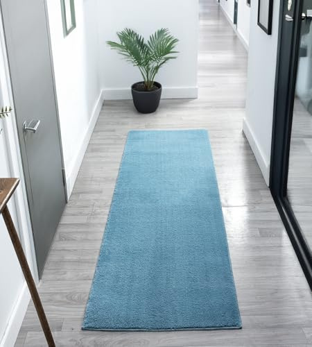 Comfy Washable Plain Non-Slip Hallway Runner Rug, Blue, 60x200cm
