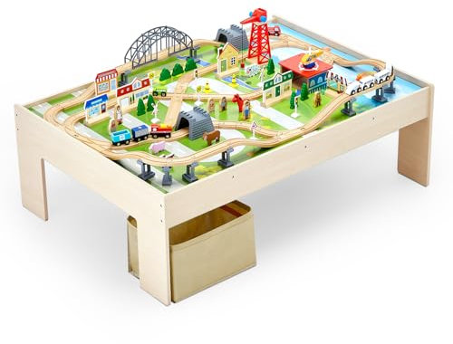 VEVOR Holz Aktivitätstisch, 120-teilig, mit zusammenklappbarem Aufbewahrungsbehälter, 3-in-1-Eisenbahn-Set zum Spielen, Malen, Lesen, Essen, kreatives Spielzeug-Set für Kinder ab 3 Jahren