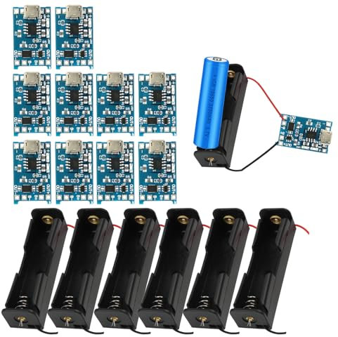 10 Pezzi USB Type-C 5V Modulo di ricarica protezione, 6 Supporti per Batteria 3.7V Collegamenti a Filo, Pannello di Ricarica,Protezione Doppia (10 pezzi presa Micro USB + supporto batteria 3,7V)
