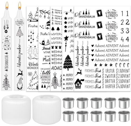 Draupnir 5 Stück A5 Kerzentattoos Weihnachten mit 2 Silikonform Kerzenhalter und 10 Metall Kerzenständer, Kerzenaufkleber Dekorieren für Weihnachten Kerzenherstellung, DIY Geschenk