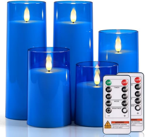 Raycare Blue Battery Operated Candles Flameless Candles with Timer and Remote 3 x 4 5 6 8 8, 5 Pcs Acrylic Flickering LED Pillar Candles Romantic Ambiance and Home Decoration
