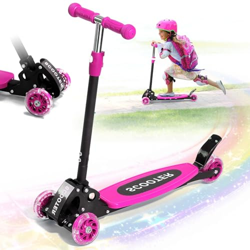 Tretroller für Kinder im Alter von 3–7 Jahren – Leuchtender 3-Rad-Roller, Lean-to-Steer, drei höhenverstellbare Tretroller für Kinder, breite Doppel-Hinterräder, sichere stabile Fahrt für 3–5,5–7