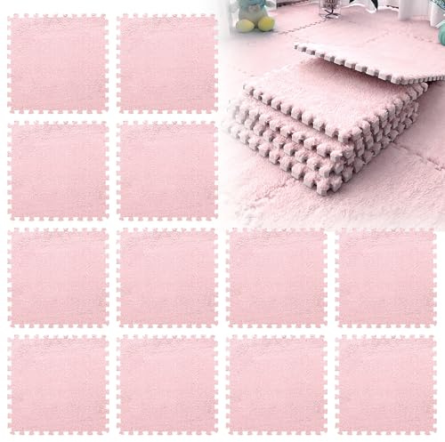 LUPATDY 12 Stück Ineinandergreifende Plüsch Schaumstoffmatte, 30x30cm Schaumstoff Puzzle Matten, Flauschige Wohnzimmer Schlafzimmer Teppichfliesen, Bodenfliesen Für Spielz, Hellrosa