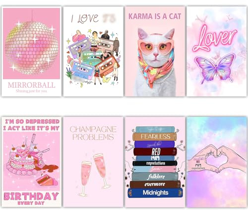 Cunegra 8 Stück Musik Thema Poster Aesthetic, 8 Stile Deko Bilder für Wanddekoration, Wandposter mit Rosa Motiv, Bilder Aesthetic für Musik-Fans, Geschenke für Musikliebhaber