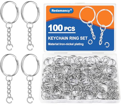 Redamancy 200 Stück Schlüsselanhänger Ring Set, Schlüssel Ringe Kette, 100 Stück Schlüsselring mit kette, 100 Stück offene Binderinge, Schlüsselanhänger für Schlüssel Handwerk DIY Schmuckherstellung
