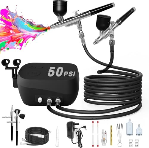 rhinowisdom Airbrush-Set, 50 PSI Airbrushpistole & Luftkompressor mit Dual-Luftstrom, 2 Airbrush-Pistolen mit 0,2/0,3/0,5 mm Düse/Reinigungssets, ideal für Modellieren, Malen, Nägel, Make-up