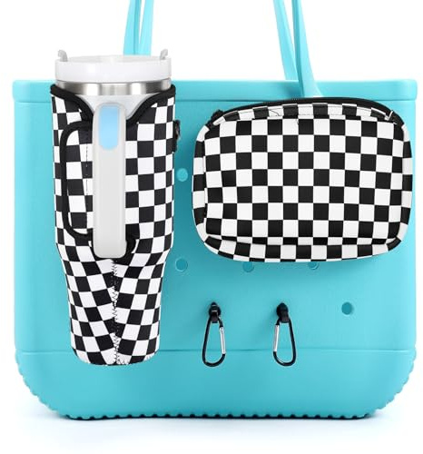 MEETI - 4 Piece Organizer for Bogg Bag, Accessories for Bogg Bags, Phone and Cup Holder Compatible with Original Bogg Bag, Checkers Board Pattern, Beach Style