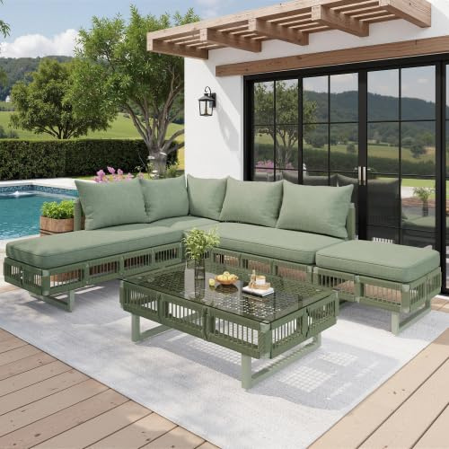 KUAKE Outdoor-Sitzgruppe aus Seilgeflecht, Gartenmöbel-Set mit verstellbaren Füßen, dicken Kissen und Glas-Couchtisch, wetterfest für Terrasse (Grün)