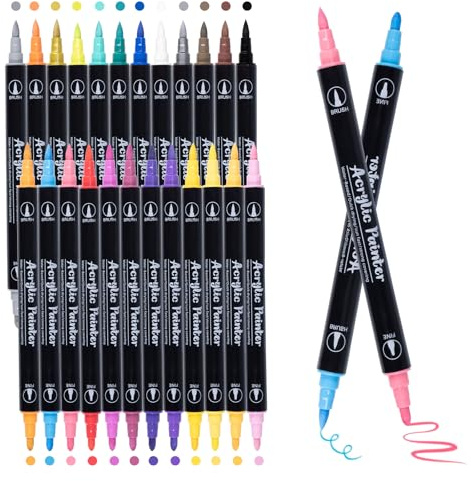 Carehabi Marcatore 24 Colori, Pennarelli Acrilici Doppia Punta (Fine e a Pennello), Acrylic Marker Ad Acqua per Dipingere Sassi, Colorazione, Legno, Vetro, Tessuti, Pittura