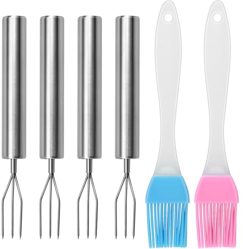 Lunhoo 4 Pack Stainless Steel BBQ Forks, Potato Fork with 2 Silicone Brush, Kebab Skewers for Vegetables, Corn, Potatoes