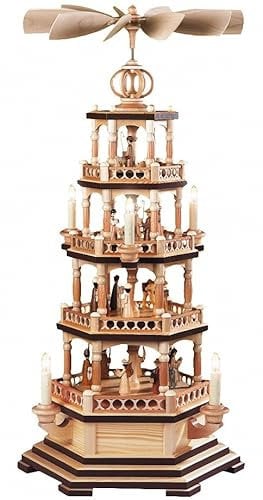 Müller Weihnachtspyramide Heilige Geschichte, 4-stöckig, 72 cm hoch, elektrisch beleuchtet und angetrieben (230V, 50Hz Nicht für USA und Japan), Natur, original Erzgebirge von Müller Seiffen