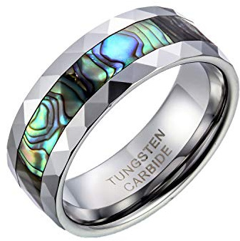 JewelryWe Schmuck 8mm Breite Herren Damen Ring Wolframcarbid Wolframcarbidring mit Abalone Muscheln Inlay Schrägkanten Damen-Ring Herren-Ring Größe 54 bis 67