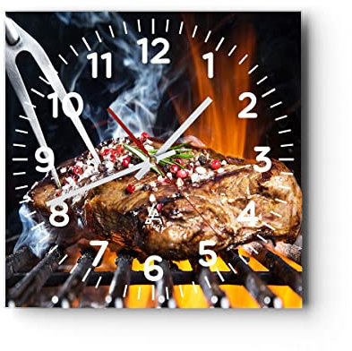 Modern Wanduhr Steak Grill Flammen Essen 30x30cm Quadrat Klein Wand Uhr Glas Analog Zimmeruhren Küche Büro Wohnzimmer Glasuhr Wall Clock Dekoration Design Wanddekoration Küchenuhr C4AC30x30-2865
