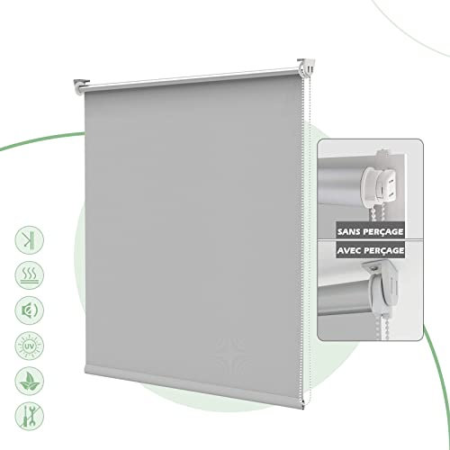 HOMEDEMO Store Enrouleur Occultant Isolant Thermique Opaque, Rideau, Fixation avec ou sans Perçage, 50 x 170 cm (Largeur du Tissu 46 cm), Gris Clair