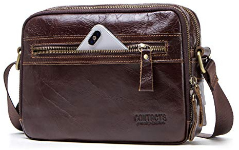 CONTACTS Echtleder-Umhängetasche, Herren Umhängetasche für 7,9-Zoll-Laptop, Vintage-Reisetasche im Messenger-Stil für Reisen, Spaziergänge