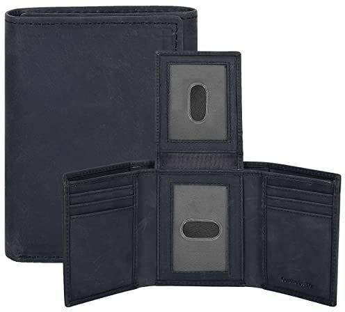 Portefeuille à trois volets en cuir véritable pour homme – Portefeuille fin RFID pour 9 cartes de crédit, 2 compartiments d'identité, cadeau pour homme, Galet noir, Trois volets