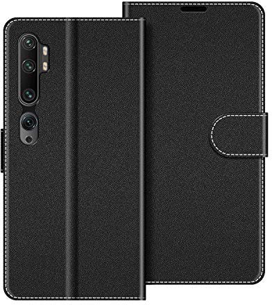 COODIO Schutzhülle aus Leder für Xiaomi Mi Note 10, Schutzhülle mit Standfunktion für Xiaomi Mi Note 10 / Mi Note 10 Pro, Schwarz