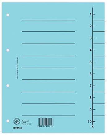 DONAU 8610001-10 100er Pack Trennblätter, Farbe: Blau/ Karton-Register überbreit Aus Recycling-Karton 250 g/qm mit Linienaufdruck für DIN A4 4-Fach Lochung Trennlaschen Trennblätter Ordner Register