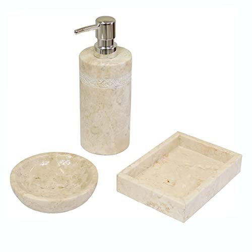 Badezimmergarnitur Seifenschalen Set Seifenspender Marmor Stein Bad Deko Naturstein Steinseifenspender Creme Natur poliert 3er Set Nr. 1
