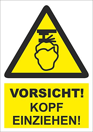 INDIGOS UG - Aufkleber - Sicherheit - Warnung - Kopf einziehen! - 148,5 mm x 210 mm - Hotel, Firma, Schutz, Kita, Arzt, Praxis