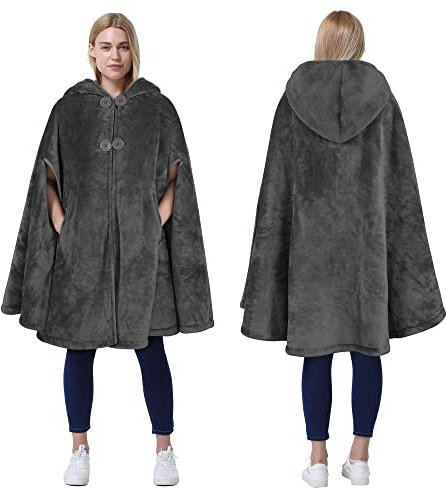 Catalonia Classy Damen Poncho mit Kapuze, Winter Warmer Poncho Kuscheldecke, Plüsch Fleece Cape Poncho Jacke für Outdoor, Grau
