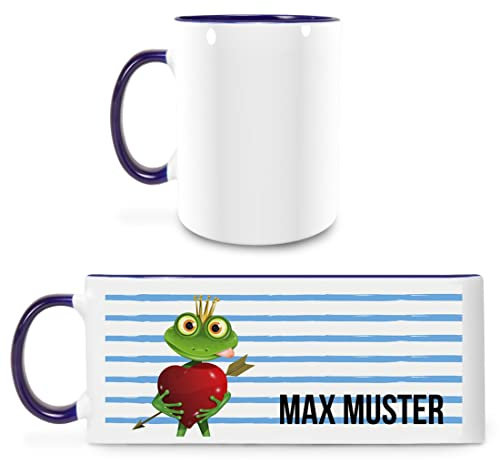Manutextur Tasse mit Namen - personalisiert - Motiv Froschkönig - viele Farben & Motive - weiß/dunkelblau - persönliches Geschenk mit Wunsch-Motiv und Wunsch-Name