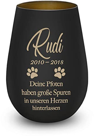 Trauerlicht Gedenklicht Andenken Windlicht Trauergeschenk Tod Erinnerung Teelichtglas Grablicht Kistallglas schwarz Pfoten mit Gravur Name und Datum