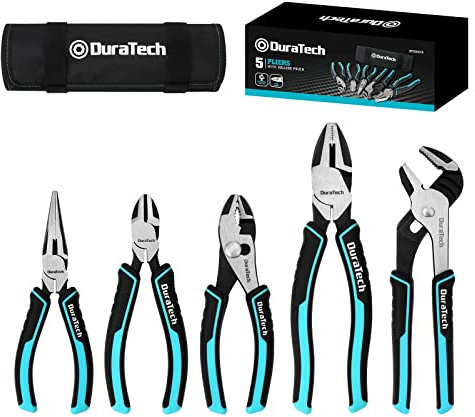 DURATECH 5-Piece Cr-Ni Pliers Set, 6 Long Nose Pliers, 6 Slip Joint Pliers, 6 Diagonal Cutting Pliers, 8 Linesman Pliers and 8 Groove Joint Pliers, Easy Storage with Oxford Rolling Pouch