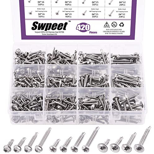 Swpeet 420Pcs 3 Tipi Testa 410 Acciaio Inox # 8 Testa Pan & Testa Rondella Esagonale & Wafer Testa Auto Foratura Viti Kit Assortimento di Viti in Lamiera Viti Autofilettanti Viti In Metallo
