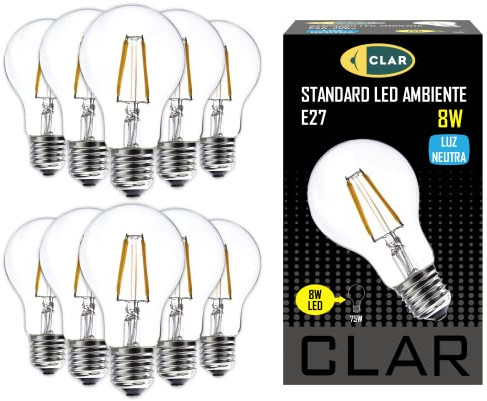 CLAR - E27 LED Vintage, LED Filament E27, Retro Glühbirne, Neutralweib 4000K 8W (Pack 10)