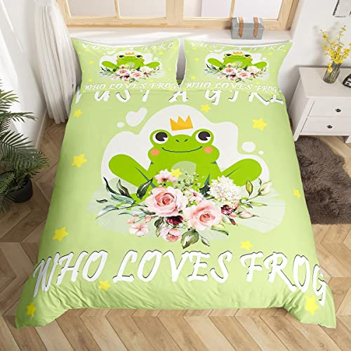 Bettwäscheset mit Blumenmuster, Frosch, Cartoon-Frosch, für Kinder, Jungen, Mädchen, niedliches Tier, Bettüberwurf, grün, Bettbezug für Doppelbett