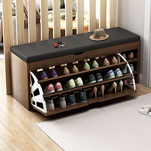 Bagewinner Banco Zapatero para Ahorrar Espacio de Madera con Puerta abatible, Triple Profundidad y Asiento de Piel sintética, Pasillo Multifuncional Armario Zapateros Baúl 100x30x50cm(Blanco)