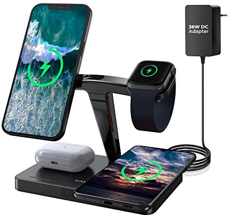 CANYON 4 in 1 Ladestation Apple Ladestation Apple Watch und iPhone Airpods und auch alle Geräte mit Magsafe Apple kompatibel mit Allen Qi-Geräten Leistungsstarker 36W-Adapter für Schnelles Aufladen