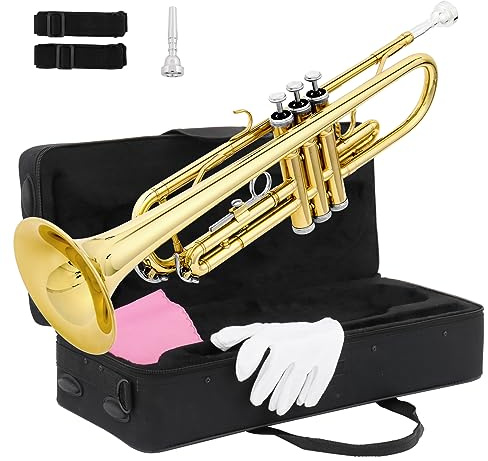 Ktaxon Bb Standard Trumpet for Beginners,Trumpet for Student with Hard Case,7C Mouthpiece,Cleaning Cloth,Gloves,Brass Instruments for Kids and Adults(Gold)