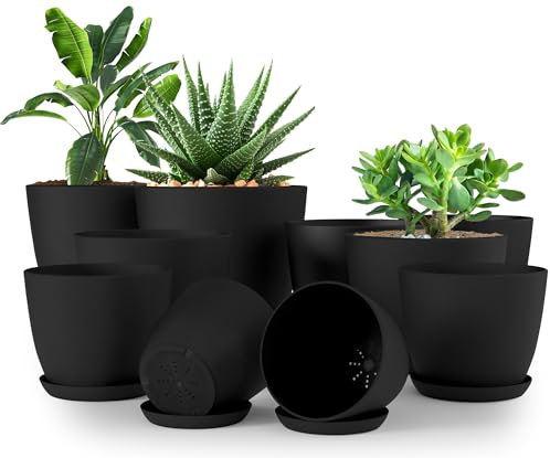 Utopia Home Lot de 10 Pots de Fleurs 18/17/15/13/12 cm Plantpot avec Soucoupe pour la Cuisine, Le Balcon, Les Plantes de Jardin, Les Pots de Fleurs de pépinière pour l'intérieur Noir.