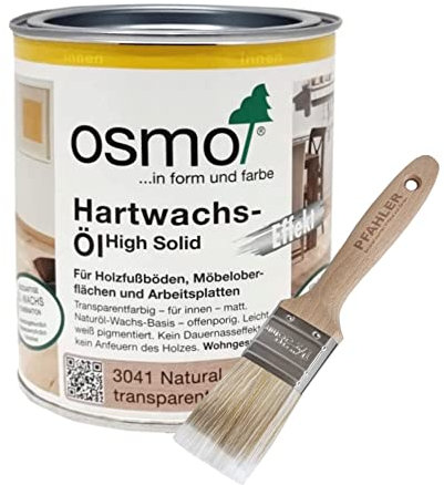 Osmo Hartwachs-Öl Original 3041 0,75 l Natural matt Für Holzfußböden und Möbel Strapazierfähige Oberfläche Naturöl Wachs Basis offenporig Wasserabweisend und trittfest + Pinsel von Pfahler Gratis