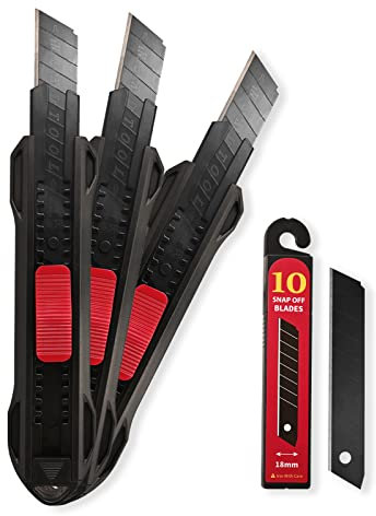 EHDIS Cuttermesser Profi Set, 3 Stück Universalmesser 18mm mit 10 Abbrechklingen, Cutter Messer mit Automatischer Verriegelung, Teppichmesser für präzises Schneiden