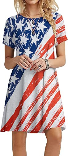FASHGL Damenkleid mit amerikanischer Flagge, kurzärmelig, Sternenstreifen, USA-Kleid, patriotisches Sommer-T-Shirt, Blau, Klein