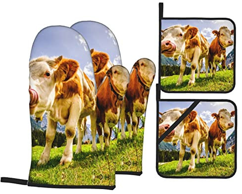 Gants De Four Et Maniques Cuisine Motif Drôle De Belles Vaches Ensemble De Cuisine avec Coton Doublure Résistant À La Chaleur Maniques, pour Four, Micro-Ondes
