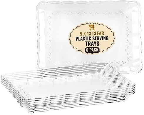 6 Pack Clear Plastic Serving Trays for Party, 9 x 13 Inch - Heavy Duty Plastic Trays for Food - Rectangular Party Serving Trays and Platters - Clear Disposable Trays
