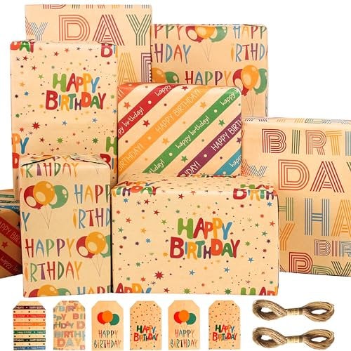 Geschenkpapier Geburtstag,Bunte Kraft Geschenkpapier Kinder Junge Mädchen Frauen Männer Geburtstagspapier Packpapier Geschenkpapier Kraftpapier Geschenkpapier Natur öko Geschenk Papier Happy Birthday