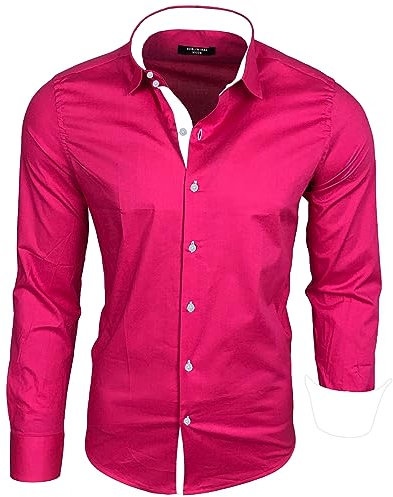 Subliminal Mode - Chemise Homme Coupe Ajuster Col et Manche Bicolore avec Un Repassage Facile Manches Longues Casual S500 Couleur Rose Taille M