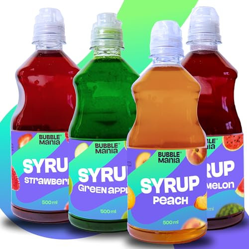 BubbleMania Frucht Zerup zuckerfrei MIX 4 x 500 ml – Erdbeere, Grüner Apfel, Pfirsich, Wassermelone | Getränke Sirup für Popcorn, Bubble Tea, Eis & Kuchen |