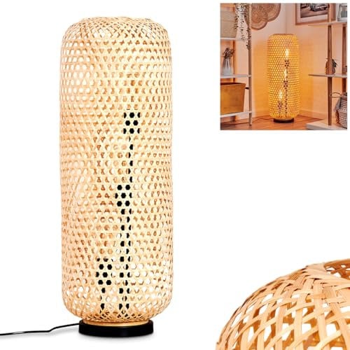 Stehleuchte Bauro, moderne Stehlampe aus Metall/Rattan in Schwarz/Natur, Leuchte im Boho-Design mit Schirm in Gitter-Optik, An-/Ausschalter am Kabel und Lichteffekt, 3 x E27, ohne Leuchtmittel