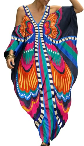 Bsubseach Robe de Plage Femme Caftan Épaule Froide Col en V Cache-Maillot de Bain Maxi Kimono Djellaba Grande Taille Kaftan | Élégante broderie épaules dénudées, design opaque, coupe ample, couverture de plage douce et respirante ou robe d'été